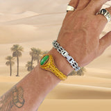 Adjustable Handcrafted Genuine Yellow Vegetal Leather Bracelet with Green Cat's Eye Stone Setting-Lifestyle Gift Fashion Jewelry Cuff Bangle