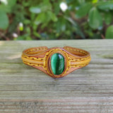 Adjustable Handcrafted Genuine Yellow Vegetal Leather Bracelet with Green Cat's Eye Stone Setting-Lifestyle Gift Fashion Jewelry Cuff Bangle