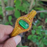 Adjustable Handcrafted Genuine Yellow Vegetal Leather Bracelet with Green Cat's Eye Stone Setting-Lifestyle Gift Fashion Jewelry Cuff Bangle