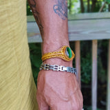 Adjustable Handcrafted Genuine Yellow Vegetal Leather Bracelet with Green Cat's Eye Stone Setting-Lifestyle Gift Fashion Jewelry Cuff Bangle