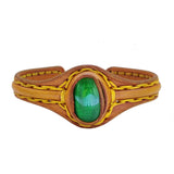 Adjustable Handcrafted Genuine Yellow Vegetal Leather Bracelet with Green Cat's Eye Stone Setting-Lifestyle Gift Fashion Jewelry Cuff Bangle