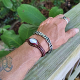 Handcrafted Genuine Brown Color Leather Bracelet with White Cat's Eye Stone-Life Style Unisex Gift Fashion Jewelry Bangle-Cuff-Wristband