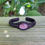 Handcrafted Genuine Black Vegetal Leather Bracelet with Rose Agate Stone Setting-Unisex Gift-Unique Fashion Jewelry-Adjustable Wristband
