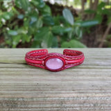Handcrafted Genuine Brown Vegetal Leather Bracelet with Rose Agate Stone Setting-Unisex Gift-Unique Fashion Jewelry-Adjustable Wristband
