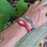 Handcrafted Genuine Brown Vegetal Leather Bracelet with Rose Agate Stone Setting-Unisex Gift-Unique Fashion Jewelry-Adjustable Wristband