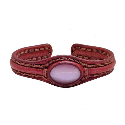 Handcrafted Genuine Brown Vegetal Leather Bracelet with Rose Agate Stone Setting-Unisex Gift-Unique Fashion Jewelry-Adjustable Wristband