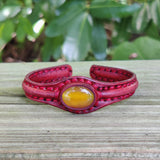 Handcrafted Brown Color Vegetal Leather Braided Bracelet with Yellow Agate Stone Setting-Gift Fashion Jewelry Cuff-Adjustable Wristband