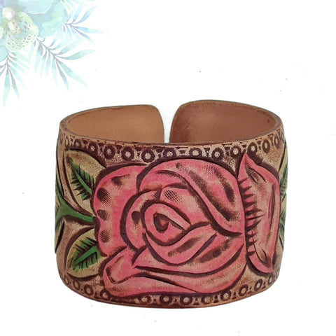 Handcrafted Genuine Vegetal Leather Bracelet with Hand Carved Rose-Unisex Gift-Unique Fashion Jewelry-Adjustable Wristband or Arm Bracelet