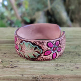 Handcrafted Genuine Vegetal Leather Bracelet with Hand Carved Flower-Unisex Gift-Unique Fashion Jewelry-Adjustable Wristband or Arm Bracelet