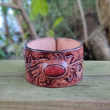 Handcrafted Hand Carved Vegetal Leather Bracelet with Agate Stone-Unisex Gift-Unique Fashion Jewelry-Adjustable Wristband or Arm Bracelet