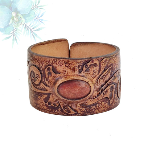 Handcrafted Hand Carved Vegetal Leather Bracelet with Agate Stone-Unisex Gift-Unique Fashion Jewelry-Adjustable Wristband or Arm Bracelet
