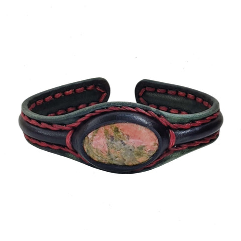 Unique Handcrafted Genuine Black Leather Bracelet with Flower Green Stone-Unisex Gift Fashion Jewelry with Naturel Stone Cuff