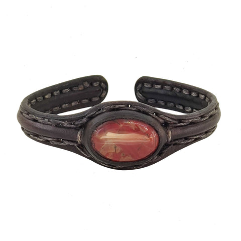 Unique Handcrafted Genuine Vegetal Black Leather Bracelet with Red Tiger Eye Stone-Unisex Gift Fashion Jewelry Natural Stone Cuff