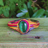 Handcrafted Genuine Vegetal Colored Leather Bracelet with Green Cat's Eye Stone Setting-Lifestyle Gift Fashion Jewelry Cuff Bangle