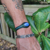Handcrafted Genuine Blue Vegetal Leather Bracelet with Blue Cat's Eye Stone Setting-Unisex Gift Fashion Jewelry Cuff-Adjustable Wristband