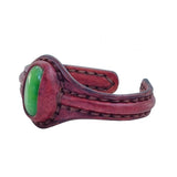 Handcrafted Genuine Vegetal Maroon Leather Bracelet with Green Cat's Eye Stone Setting-Lifestyle Gift Fashion Jewelry Cuff Bangle