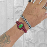 Handcrafted Genuine Vegetal Maroon Leather Bracelet with Green Cat's Eye Stone Setting-Lifestyle Gift Fashion Jewelry Cuff Bangle