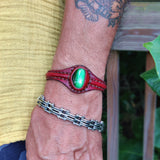 Handcrafted Genuine Vegetal Maroon Leather Bracelet with Green Cat's Eye Stone Setting-Lifestyle Gift Fashion Jewelry Cuff Bangle