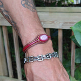 Handcrafted Genuine Vegetal Leather Bracelet with Pink Cat's Eye Stone Setting-Unisex Gift-Unique Gift Fashion Maroon Jewelry Cuff