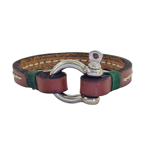 Handcrafted 8. 1/2 inches Brown Genuine Leather Unisex Marine Style Fashion Bracelet-Cuff-Stainless Stainless Shackle  Design Bracelet