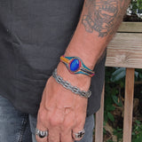 Handcrafted Genuine Colored Vegetal Leather Bracelet with Blue Cat's Eye Stone Setting-Unisex Gift Fashion Jewelry Cuff-Adjustable Wristband