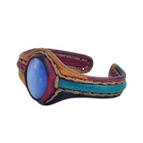 Handcrafted Genuine Vegetal Leather Bracelet with Blue Cat's Eye Stone Setting-Unisex Gift Fashion Jewelry Cuff-Adjustable Wristband