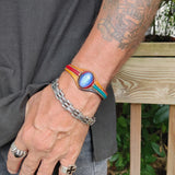 Handcrafted Genuine Vegetal Leather Bracelet with Blue Cat's Eye Stone Setting-Unisex Gift Fashion Jewelry Cuff-Adjustable Wristband