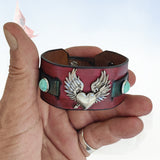 Unique Handcrafted Maroon and Black Color Genuine Leather with Broken Heart Concho Bracelet-Adjustable Unisex Gift Studded Cuff Wristband