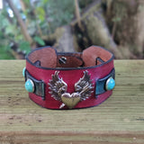 Unique Handcrafted Maroon and Black Color Genuine Leather with Broken Heart Concho Bracelet-Adjustable Unisex Gift Studded Cuff Wristband