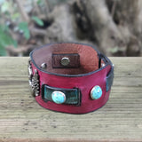 Unique Handcrafted Maroon and Black Color Genuine Leather with Broken Heart Concho Bracelet-Adjustable Unisex Gift Studded Cuff Wristband
