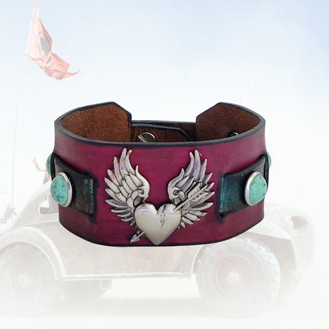 Unique Handcrafted Maroon and Black Color Genuine Leather with Broken Heart Concho Bracelet-Adjustable Unisex Gift Studded Cuff Wristband