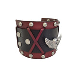 Unique Handcrafted Brown and Black Color Genuine Leather with Skull with Wings Concho Bracelet-Adjustable Unisex Gift Studded Cuff Wristband