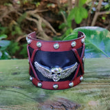 Unique Handcrafted Brown and Black Color Genuine Leather with Skull with Wings Concho Bracelet-Adjustable Unisex Gift Studded Cuff Wristband