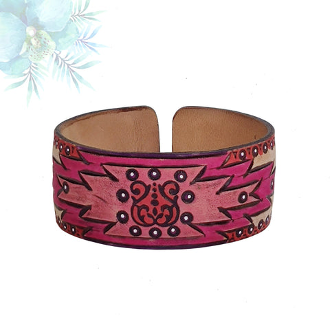 Handcrafted Genuine Vegetal Leather Bracelet with Hand Carved Ethnic-Gift-Unique Fashion Jewelry-Adjustable Wristband or Arm Bracelet