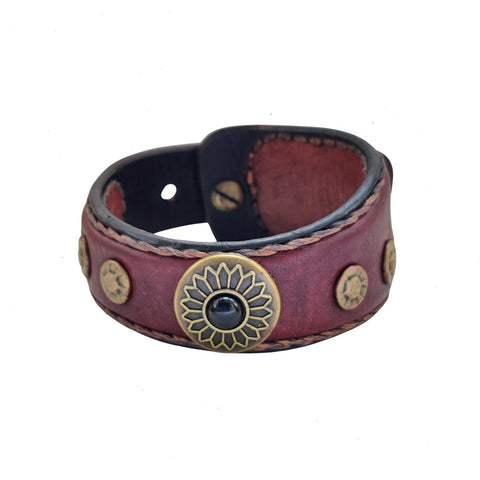 Unique Handcrafted Genuine Leather with Sun Flower Concho Bracelet-Unisex Gift Studded Cuff Wristband Brown Black