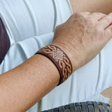 Handcrafted Genuine Vegetal Leather Bracelet with Hand Carved-Gift Unique Fashion Jewelry Adjustable Wristband or Arm Bracelet