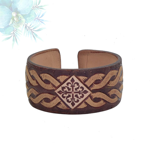 Handcrafted Genuine Vegetal Leather Bracelet with Hand Carved-Gift Unique Fashion Jewelry Adjustable Wristband or Arm Bracelet