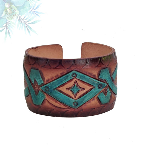 Handcrafted Genuine Vegetal Leather Bracelet with Hand Carved-Gift Unique Fashion Jewelry Adjustable Wristband or Arm Bracelet