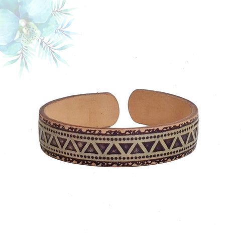 Handcrafted Genuine Vegetal Leather Bracelet with Hand Carved Ethnic-Gift-Unique Fashion Jewelry-Adjustable Wristband or Arm Bracelet