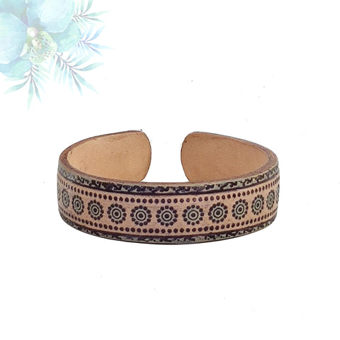 Handcrafted Genuine Vegetal Leather Bracelet with Hand Carved Ethnic Sun-Gift-Unique Fashion Jewelry-Adjustable Wristband or Arm Bracelet