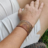 Handcrafted Genuine Vegetal Leather Bracelet with Hand Carved Sun Flower-Gift Unique Fashion Jewelry Adjustable Wristband or Arm Bracelet