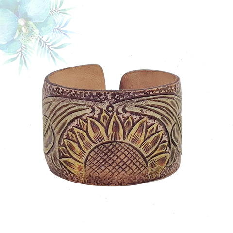 Handcrafted Genuine Vegetal Leather Bracelet with Hand Carved Sun Flower-Gift Unique Fashion Jewelry Adjustable Wristband or Arm Bracelet