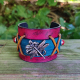 Unique Handcrafted Brown and Turkuaz Color Genuine Leather with Dragon Fly Concho Bracelet-Adjustable Unisex Gift Studded Cuff Wristband