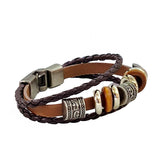 Boho Multilayer Leather Bracelet with Wood and Stainless Steel Beads - Gift Cuff Men genuine Leather Bracelet  Unisex Fashion Jewelry