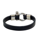 Handcrafted 7.5'' Length Black Genuie Leather Strap Unisex Marine Style Fashion Bracelet-Cuff - Gift Stainless Shackle Design Jewelery