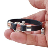 Handcrafted 7.5'' Length Black Genuie Leather Strap Unisex Marine Style Fashion Bracelet-Cuff - Gift Stainless Shackle Design Jewelery