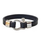 Handcrafted 7.5'' Length Black Genuie Leather Strap Unisex Marine Style Fashion Bracelet-Cuff - Gift Stainless Shackle Design Jewelery