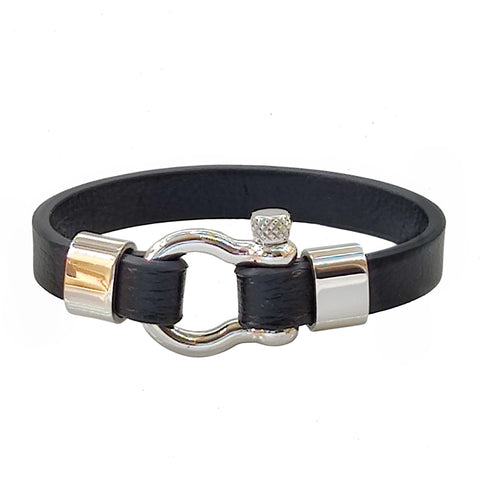 Handcrafted 8.25'' Length Black Genuie Leather Strap Unisex Marine Style Fashion Bracelet-Cuff - Gift Stainless Shackle Design Jewelery