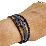 Handcrafted Mulilayer Black Braided Leather Bracelet with Black Ships Wheel Bracelet for Men - Gift Unisex Marine Fashion Jewelery