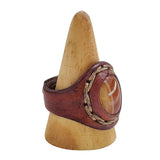 Handcrafted Vegetal Brown Leather Ring with Red Agate Stone with White Stripes Setting-Gift Unisex Leather Fashion Jewelry Band
